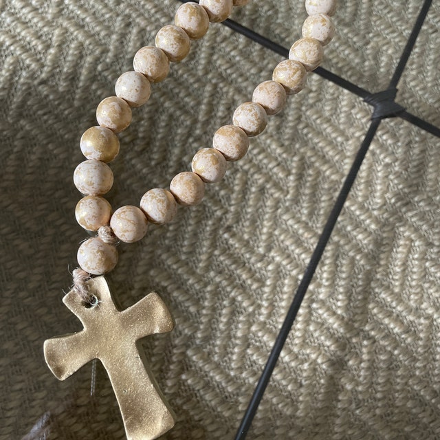 White Marble Cross with Gray Wooden Beads - Bless Your Heart of Alabama