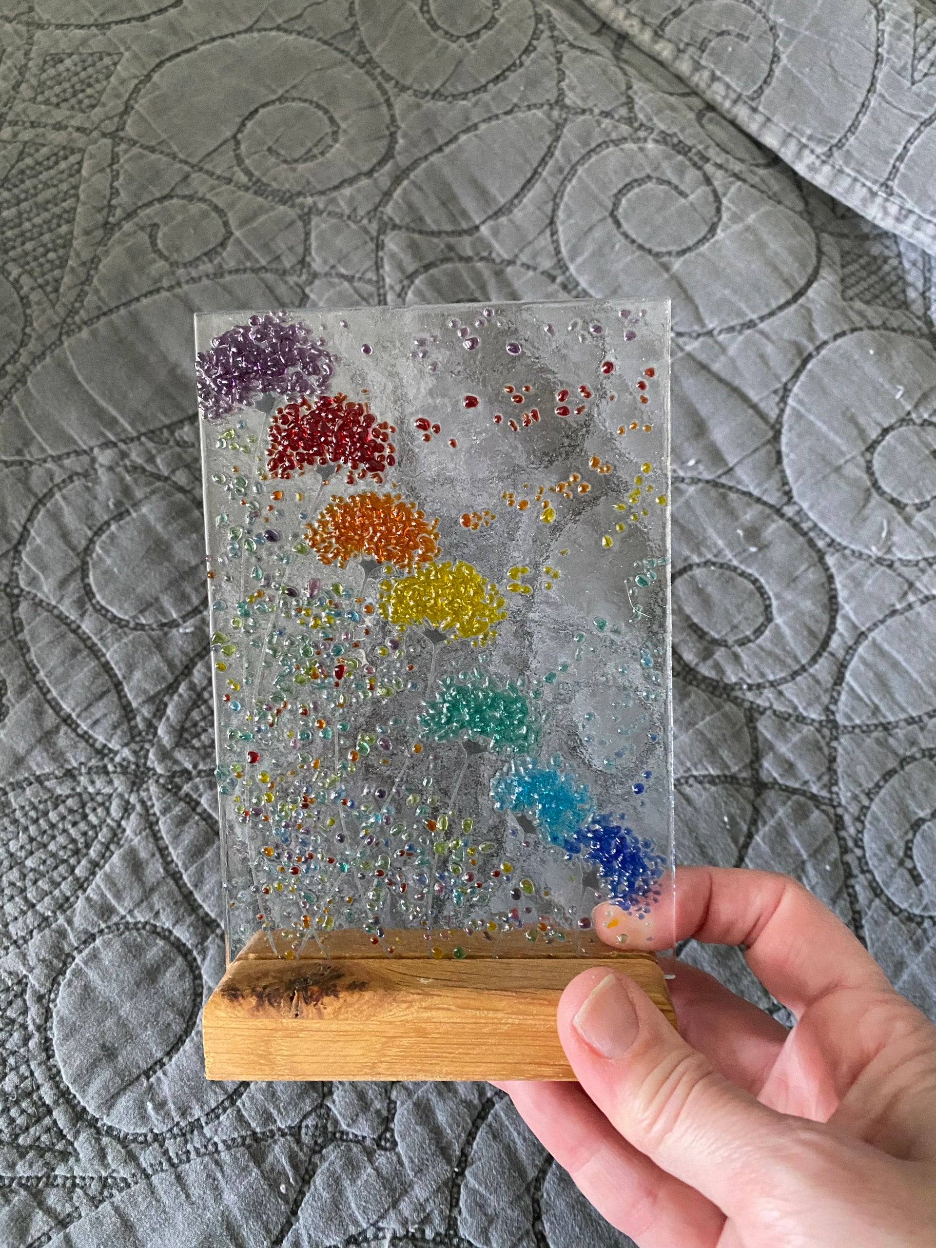Whimsical Bright Rainbow Flowers fused glass Art Picture Sun Catcher & Wooden Display Stand