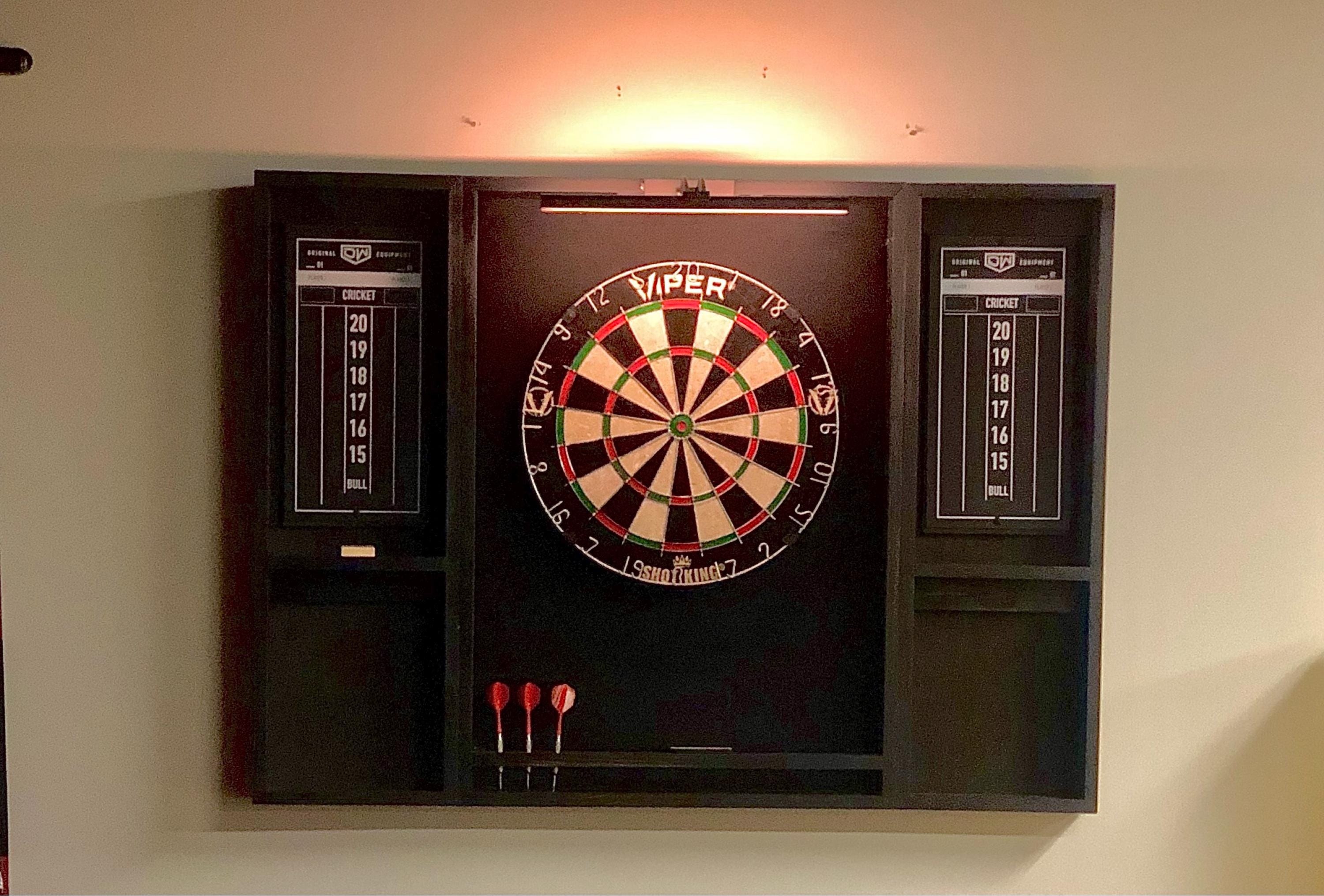Makes a great fathers day gift  Our best selling Black dartboard cabinet with a Dartboard, darts, led light. and 2 scoreboards.