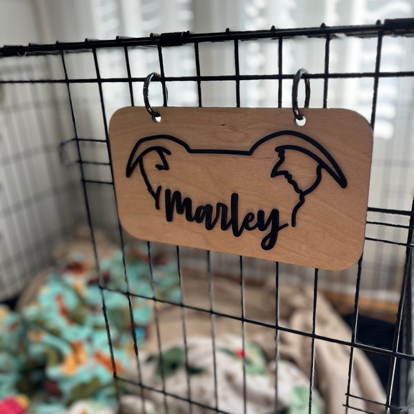 Dog Ears Outline Crate Name Tag, Wooden Dog Sign, Personalized Acrylic ... - Chrome Dog Crate Nameplates