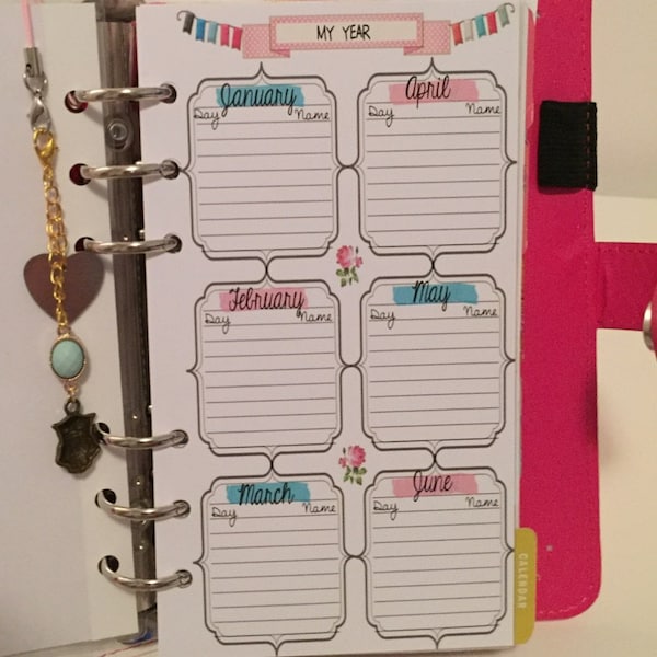Filofax Personal Size, Printable Year on 2 Pages, 2 Insert Pages Cute ...