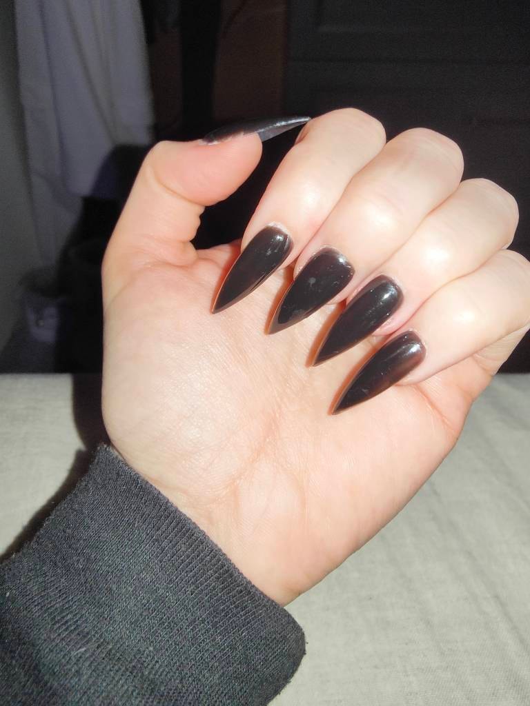 JELLY BLACK Korean style press on nail art, gothic simple clean nails for fall winter, halloween nails, goth, stiletto long medium short