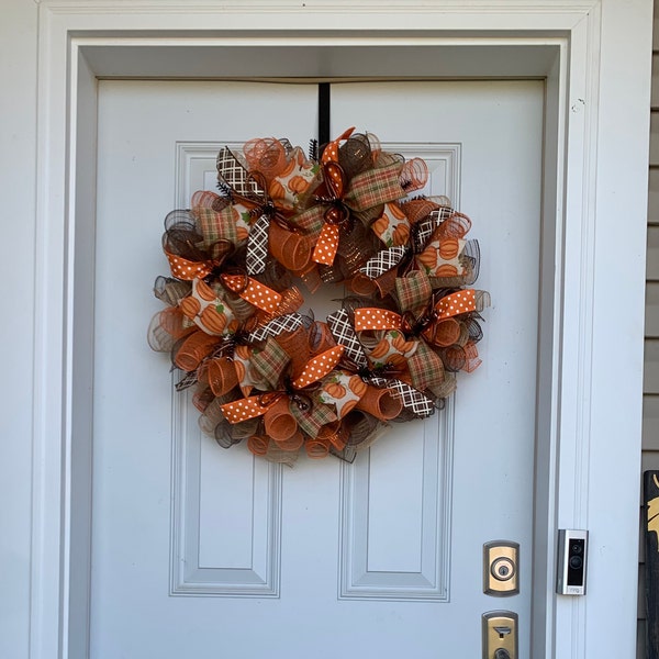 Fall Thanksgiving Mesh Front Door Wreath - Orange Brown Burlap Wreath ...