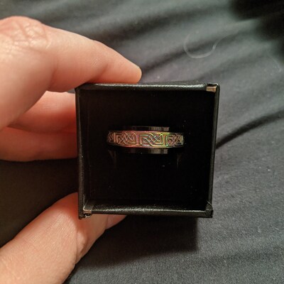 Black & Rainbow Celtic Spinner Ring - Stainless Steel Meditation Worry Wedding Band