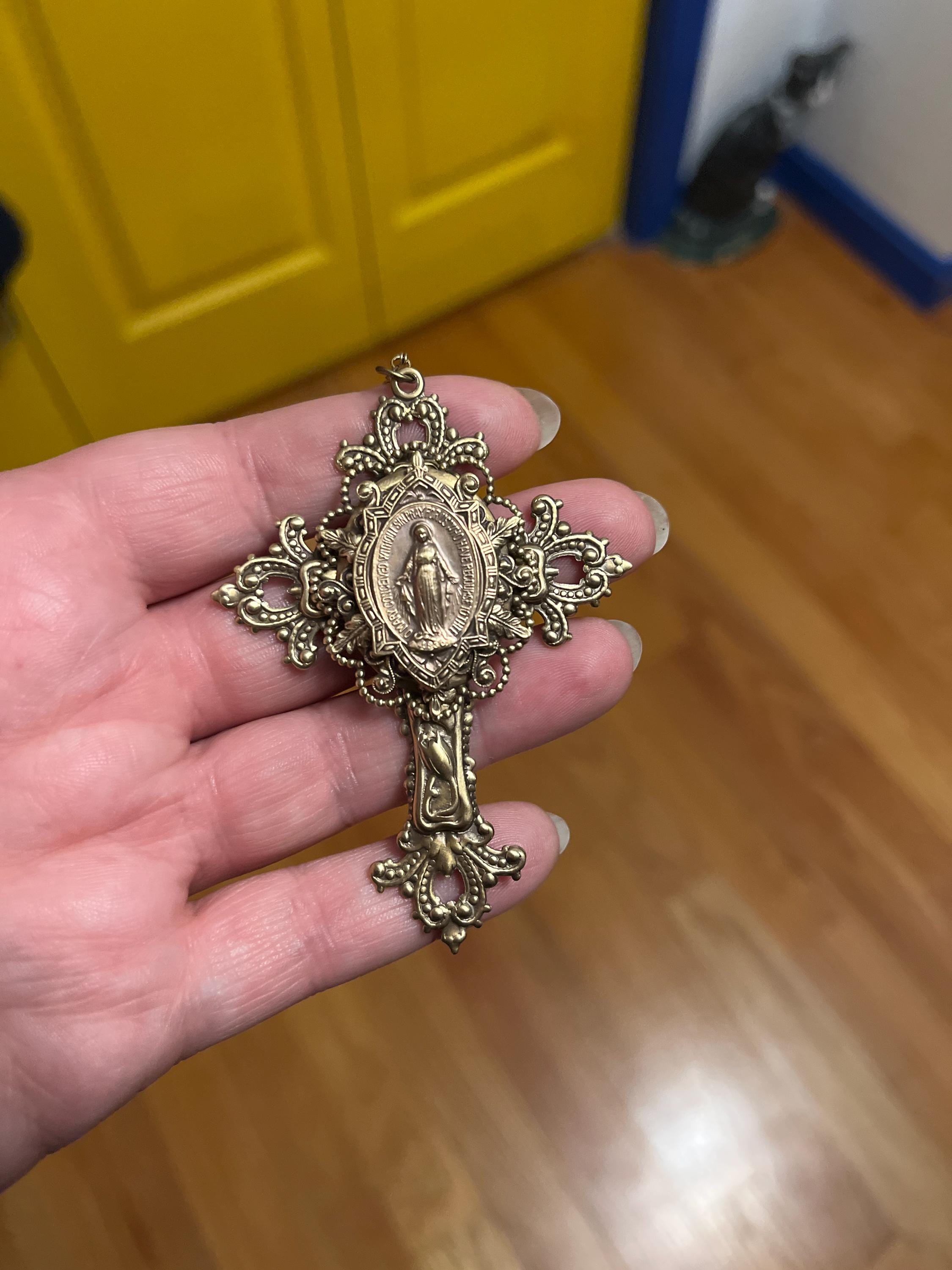 Vintage Jewelry - Large Cross Necklace - Mother Mary Necklace - Catholic Necklace - Brass Necklace - Chloe&#39;s Vintage Jewelry