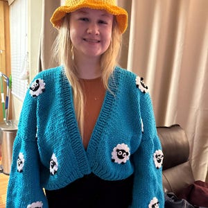 Cute Sheep Cardigan Sweater, Chunky Knit Cardi Cropped, Turquoise