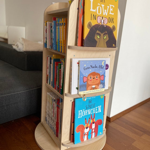 Libreria Girevole A 360° Per Bambini – Scaffale In Legno Di Faggio Con 4 Ripiani Regolabili 120x30x30 Cm – Garanzia A Vita, Design Salvaspazio E Sicuro