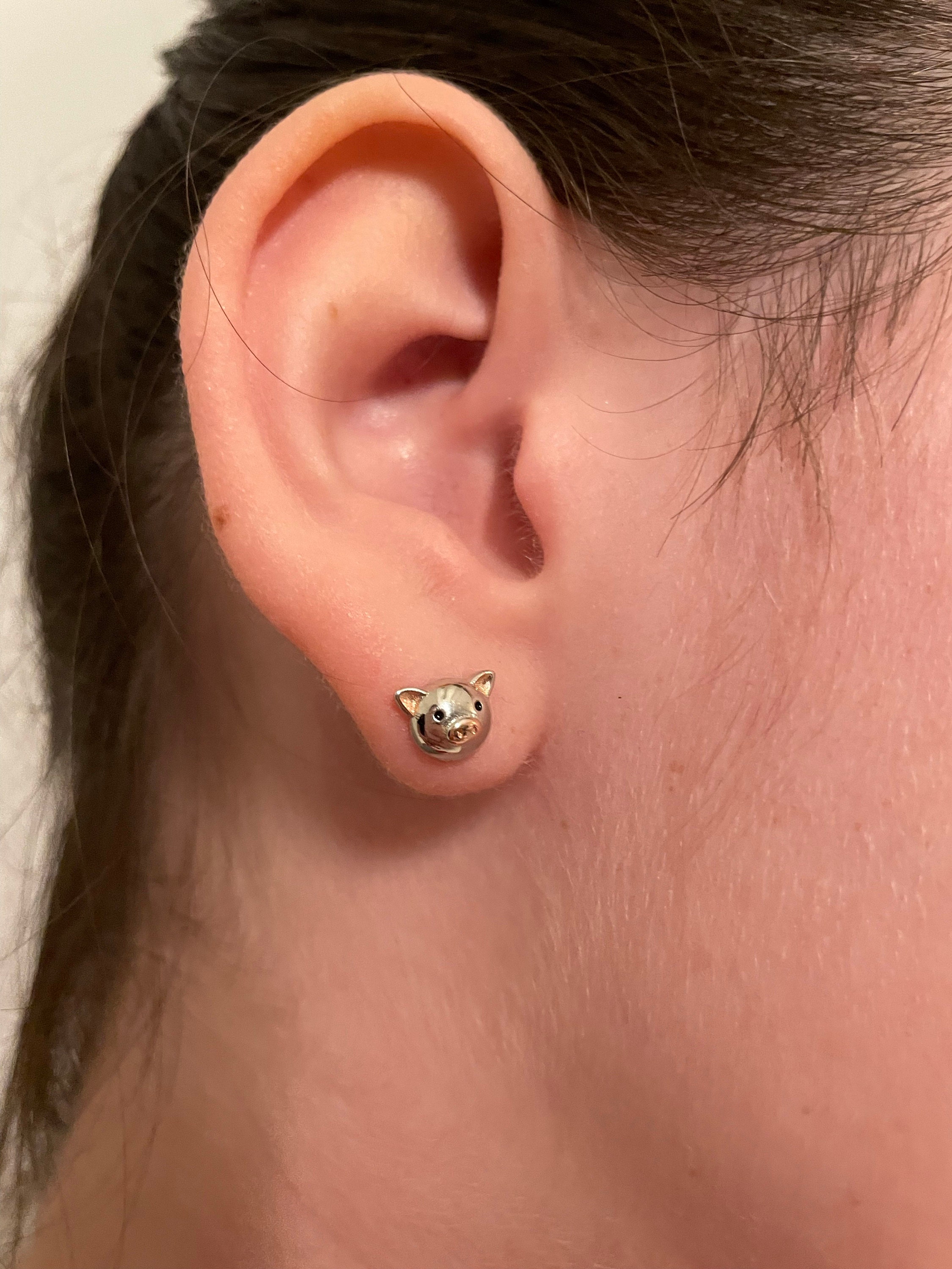 Cute Little Pig Stud Earrings in Sterling Silver - Silver and Rose Gold - Farm Animal Earrings - Whimsical and Pretty Jewellery