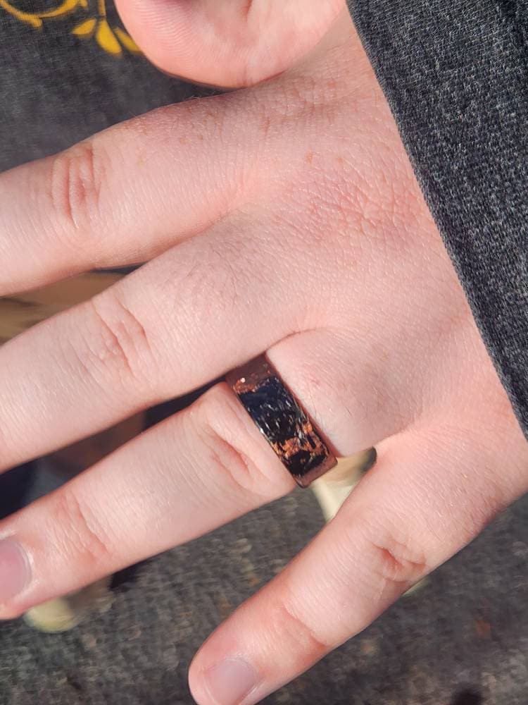 Polished Copper Chopped Carbon Fiber Lined With Damascus Steel. Forged Carbon Fiber. Men's Black Wedding Ring. Exclusive Men's Wedding Band.