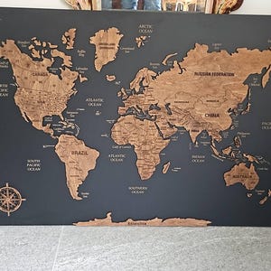 世界地図プッシュピンウォールアート、コルク世界地図ボード、木製世界