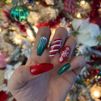 Christmas Holiday Snowflakes Green Red Glitter Press-on Nails Gel Press ...