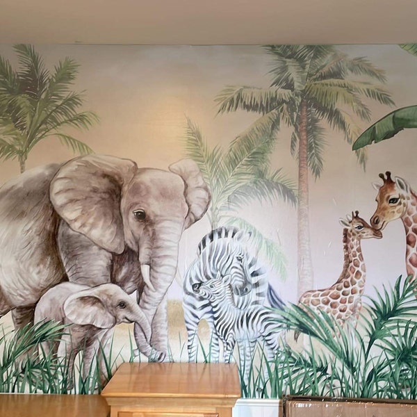 Kids Wallpaper Peel and Stick | Safari Animals With Baby Wall Mural - Etsy