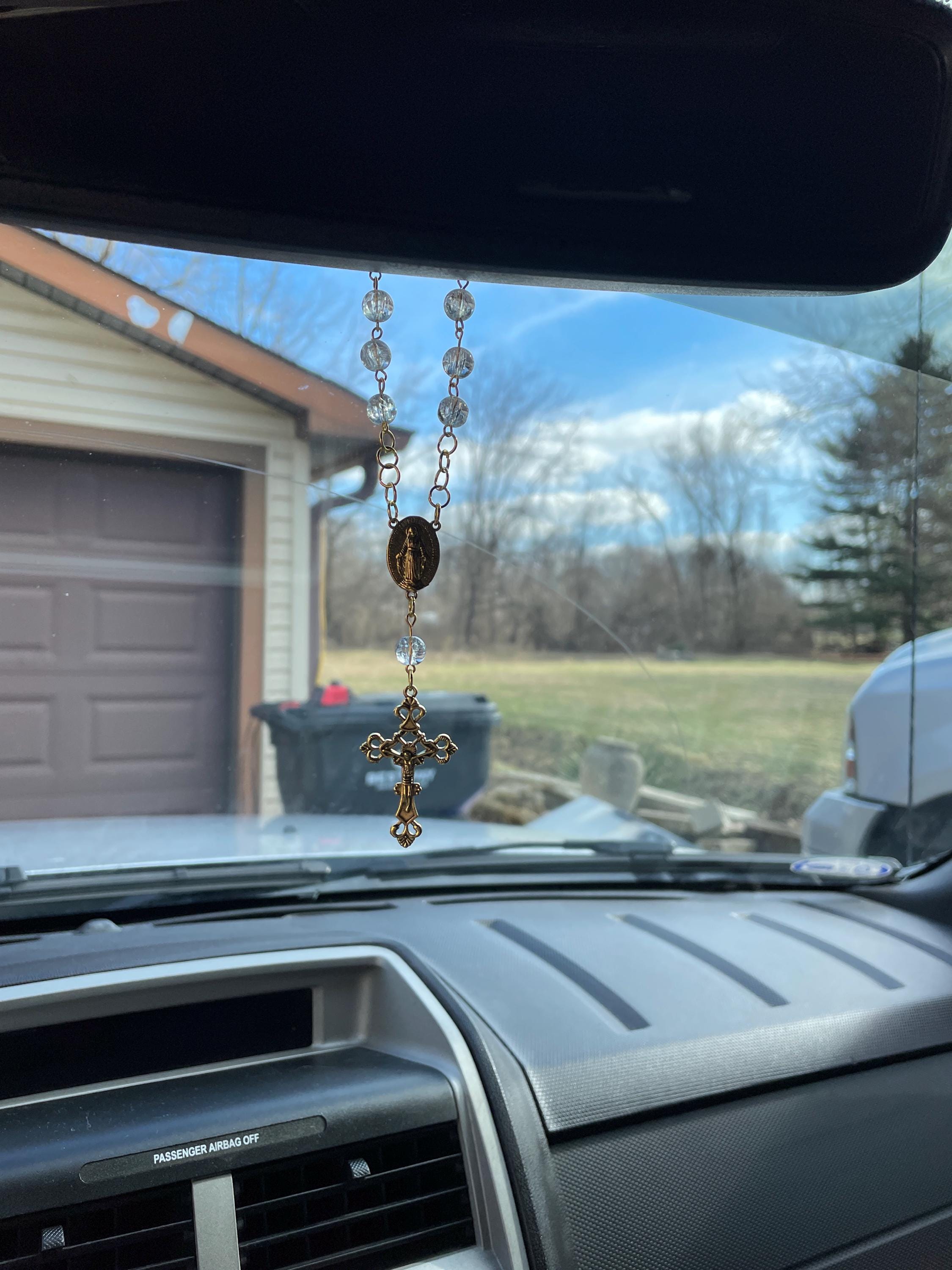 Rear View Mirror Car Rosary Beads - Antique Gold Cross Pendant - Car Protection Beads - New Glass Bead Colors!