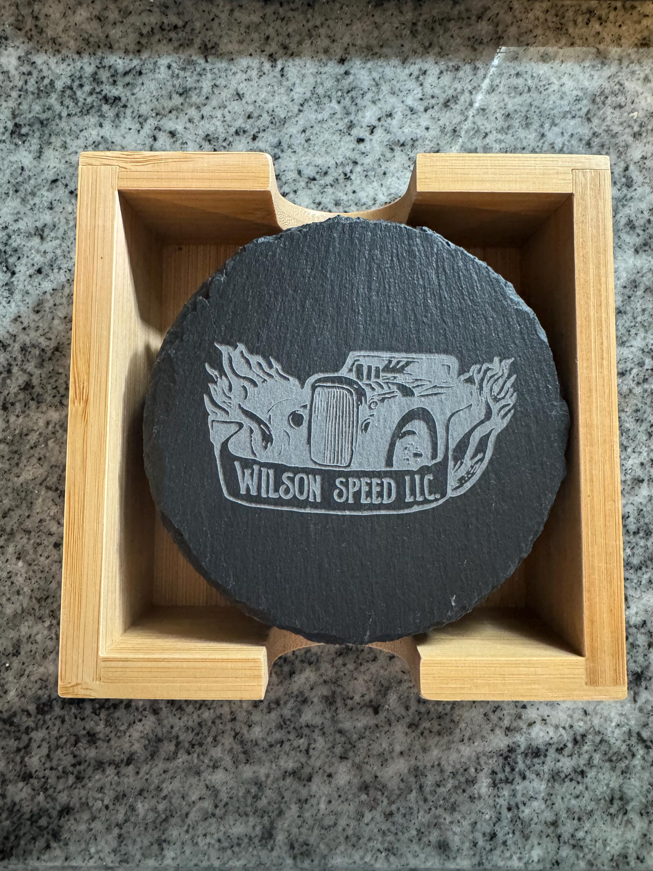 Customer photo of Set of 4 Custom Logo Engraved Slate Coasters with Bamboo Coaster Holder from Laura