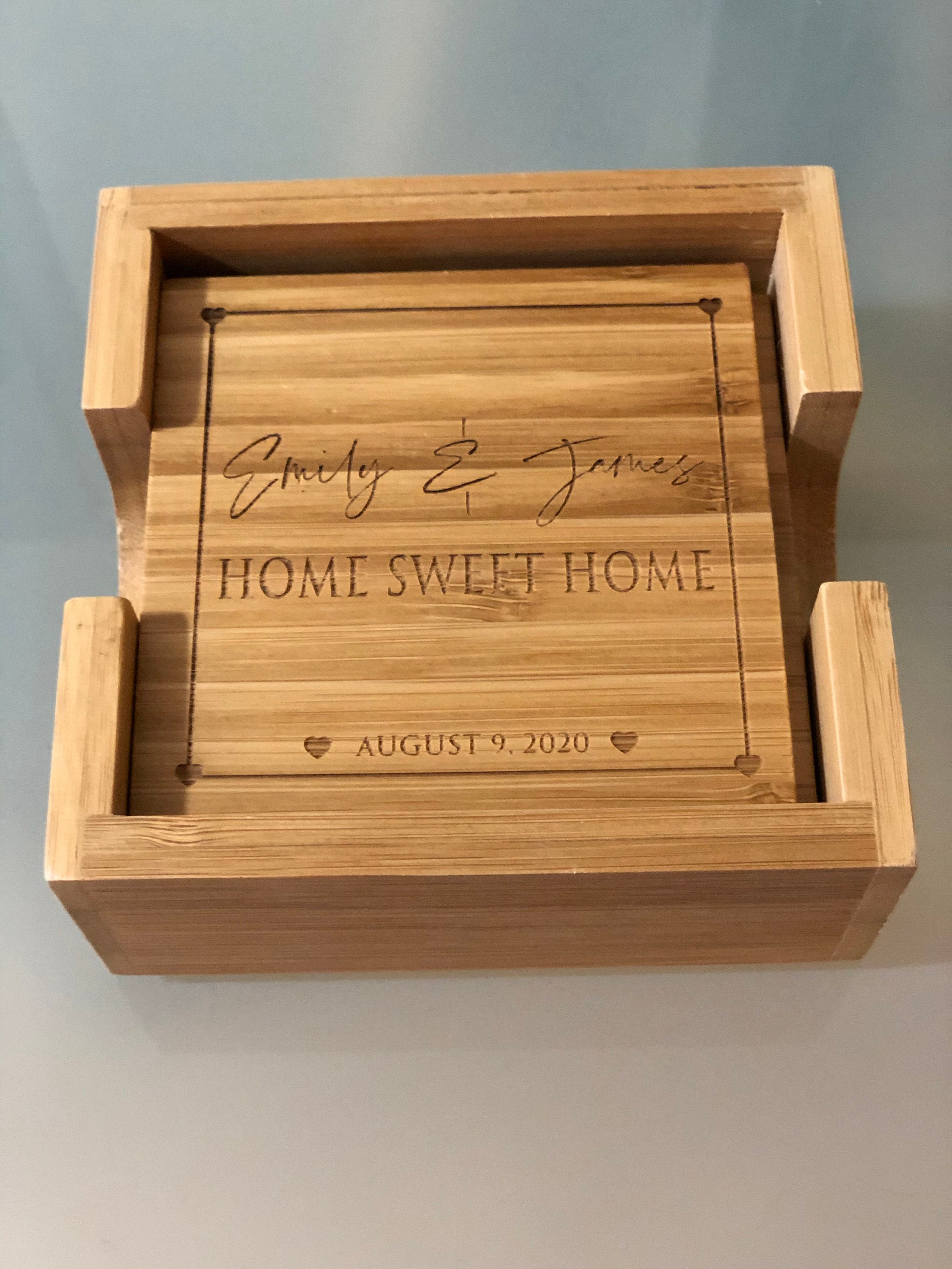 Personalized Coasters, Square 4 Coaster Set with Holder, Bamboo Coaster