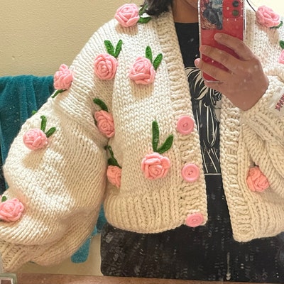 Leilayca Pink Roses Cardigan Chunky Cropped Cardigan for - Etsy