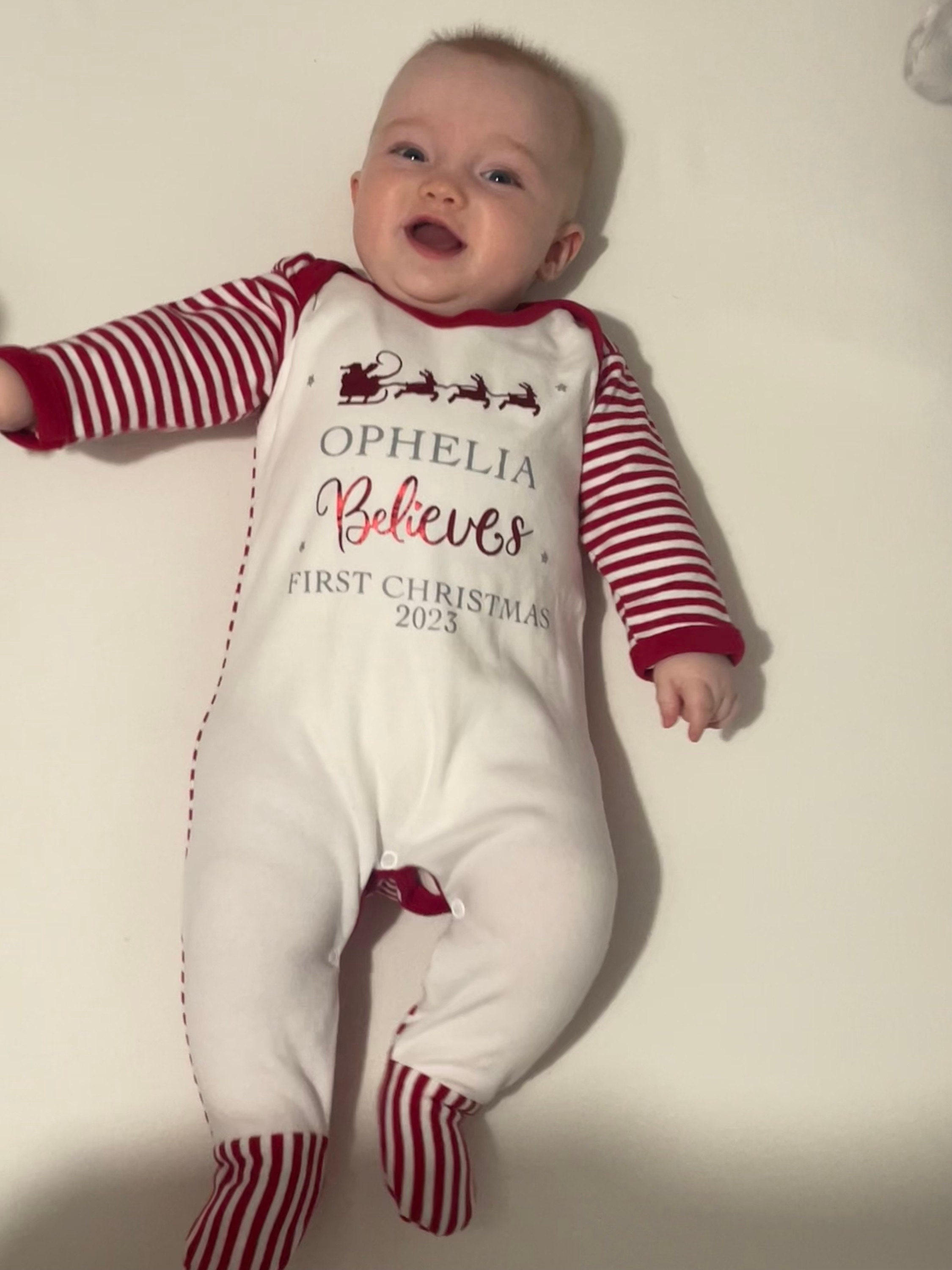 Personalised matching family Christmas pyjamas. Girls, boys, mum, dad and baby, believe candy cane reindeer pjs