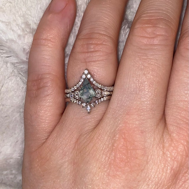 3pcs Kite Cut Moss Agate Engagement Ring Set 14k Rose Gold 3pcs Kite Cut Moss Agate Engagement Ring Set 14k Rose Gold