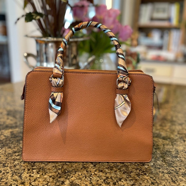 Purse Scarf 2 Handle Covers Warm Brown Tan Stripe Blue Special