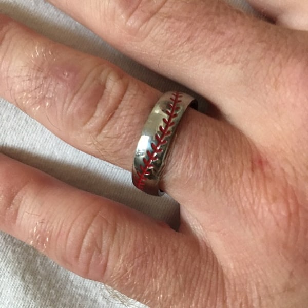 Titanium Baseball Ring With Red Stitching Fan Band Any Size and Color ...