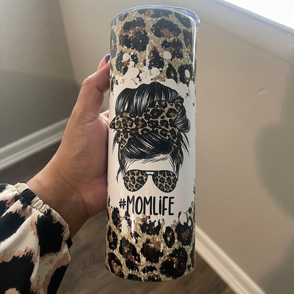 20 OZ Glitter Leopard Mom Life Messy Bun Sublimation Skinny Tumbler ...