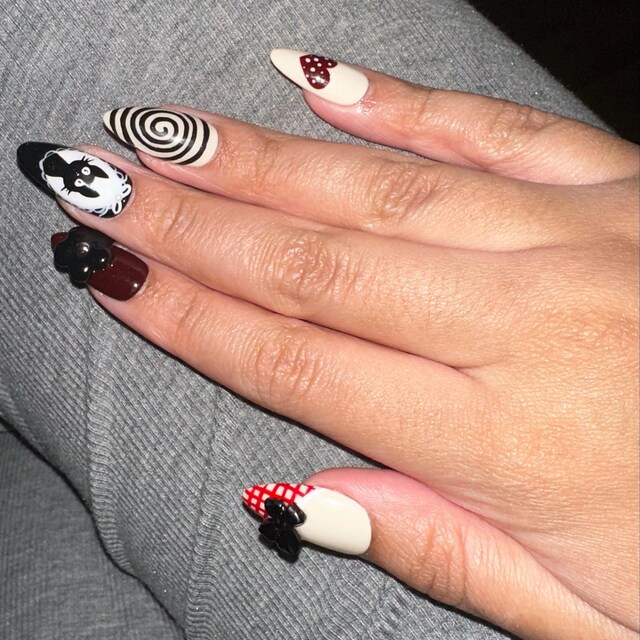 Unique Almond Nail Set With Miffy, Black Stars, Heart, Bow