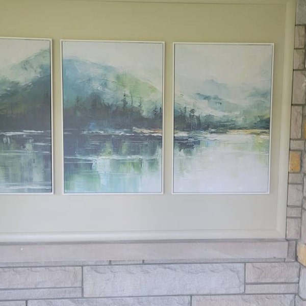 Dustinway Framed Canvas Print Wall Art Set of 3 Emerald Green Mountain ...
