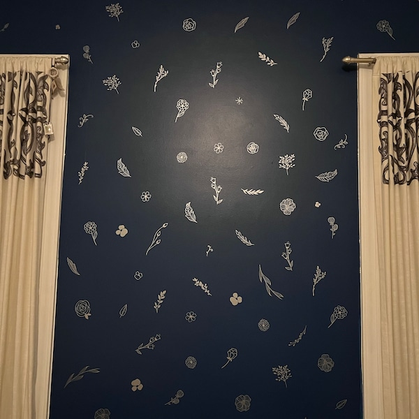 Botanical Wall Decals - Modern Vinyl Decal Set, Flower Blossoms, Leaf ...