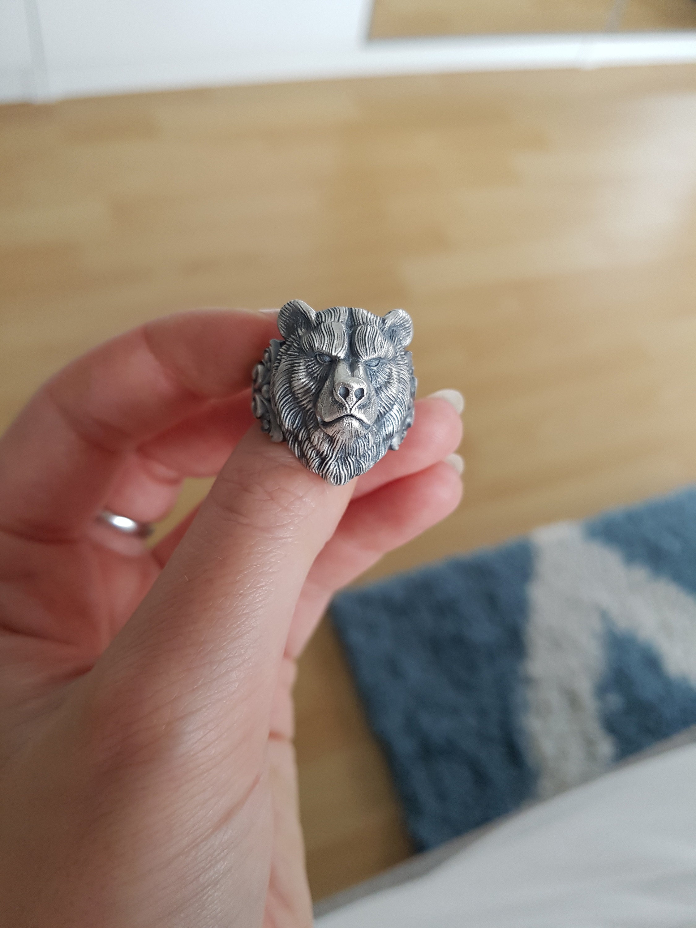 Silver Men Bear Ring Bear Head Men Ring Wild Bear Ring Etsy