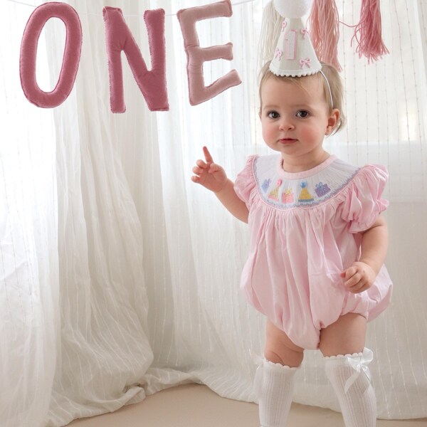 Girls Smocked Romper Bubble Rose Embroidery Pink