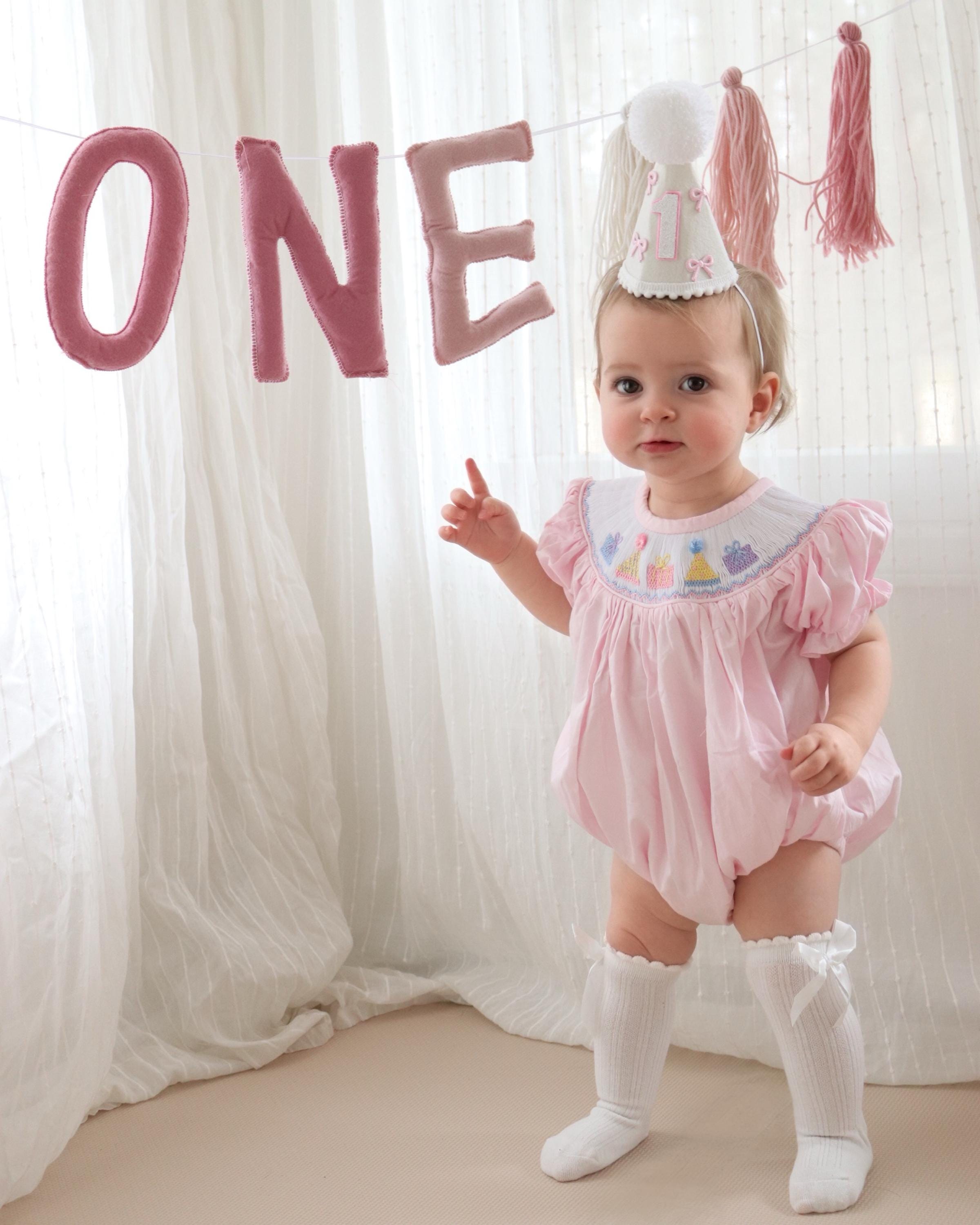 Birthday Smocked Bubble Romper in Pink - Birthday party outfit, Baby girl, Heirloom, Vintage style, machine washable 519 *C