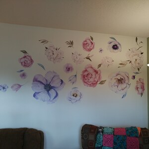 Purple Floral Wall Decals, Peony Flower Wall Decals Nursery, Watercolor ...