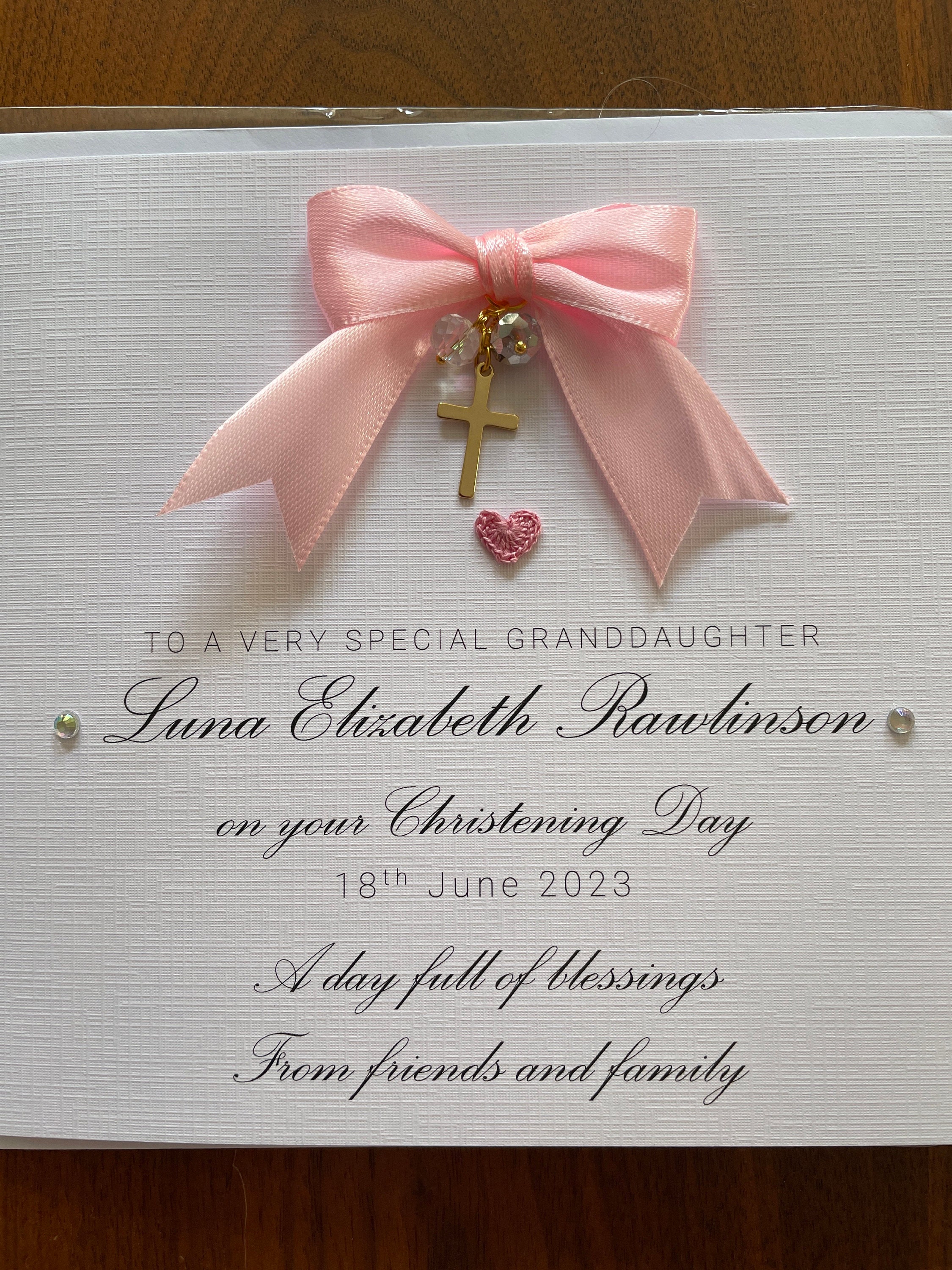 Luxury christening card for girls, personalised christening day, special handmade card, golden cross charm, sending blessings, TLC0012