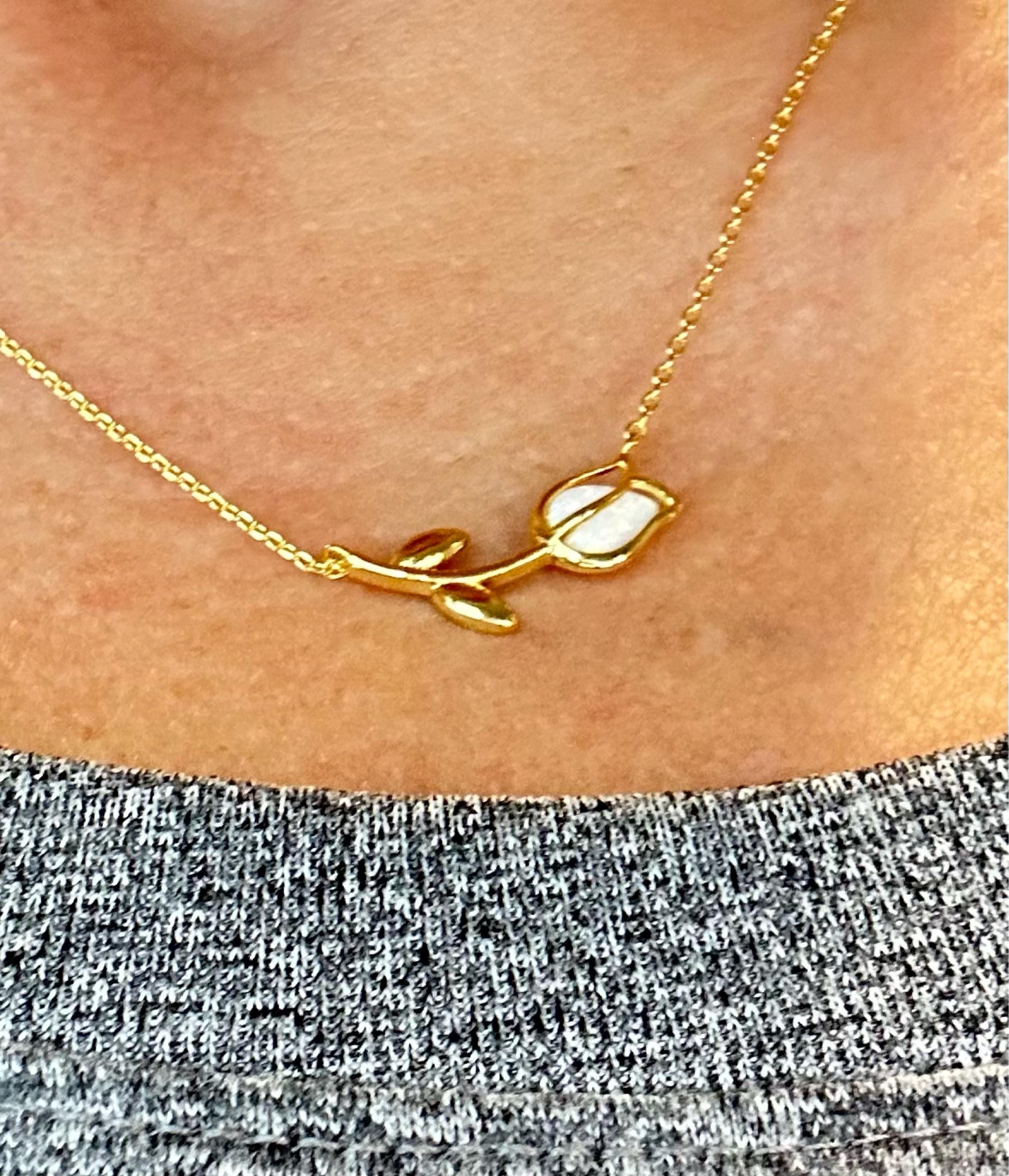 Dainty Encased Opal Tulip Wrap Necklace, Aesthetic, Simple, Gold, Silver Elegant, Minimal Jewelry, bridesmaid, Delicate, Layering Her Gift