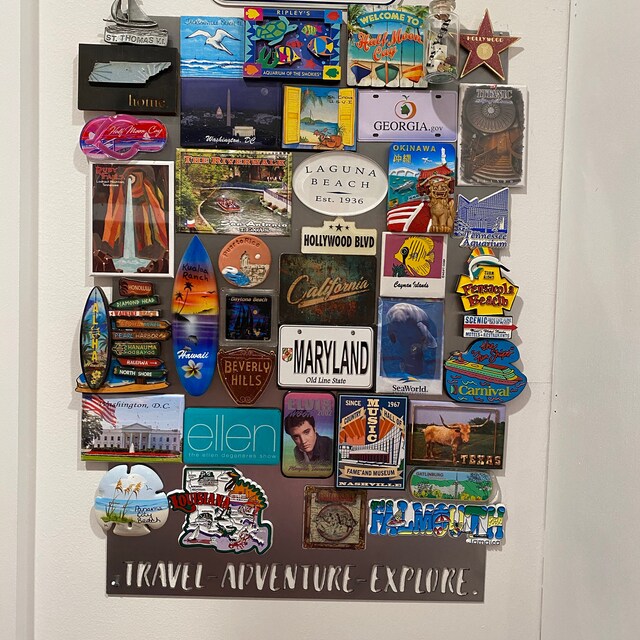 Our travel magnet board is up and it's full! Bought Sheet metal from a sheet  metal company and then made a simple fra…