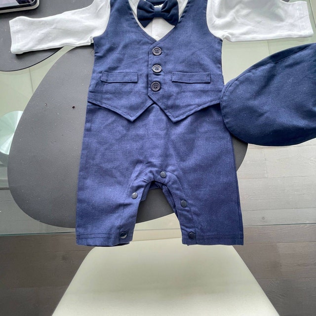 Shein Baby Boys Dressy Church Suit Outfit One Piece Navy Blue Tie 0-3  Months