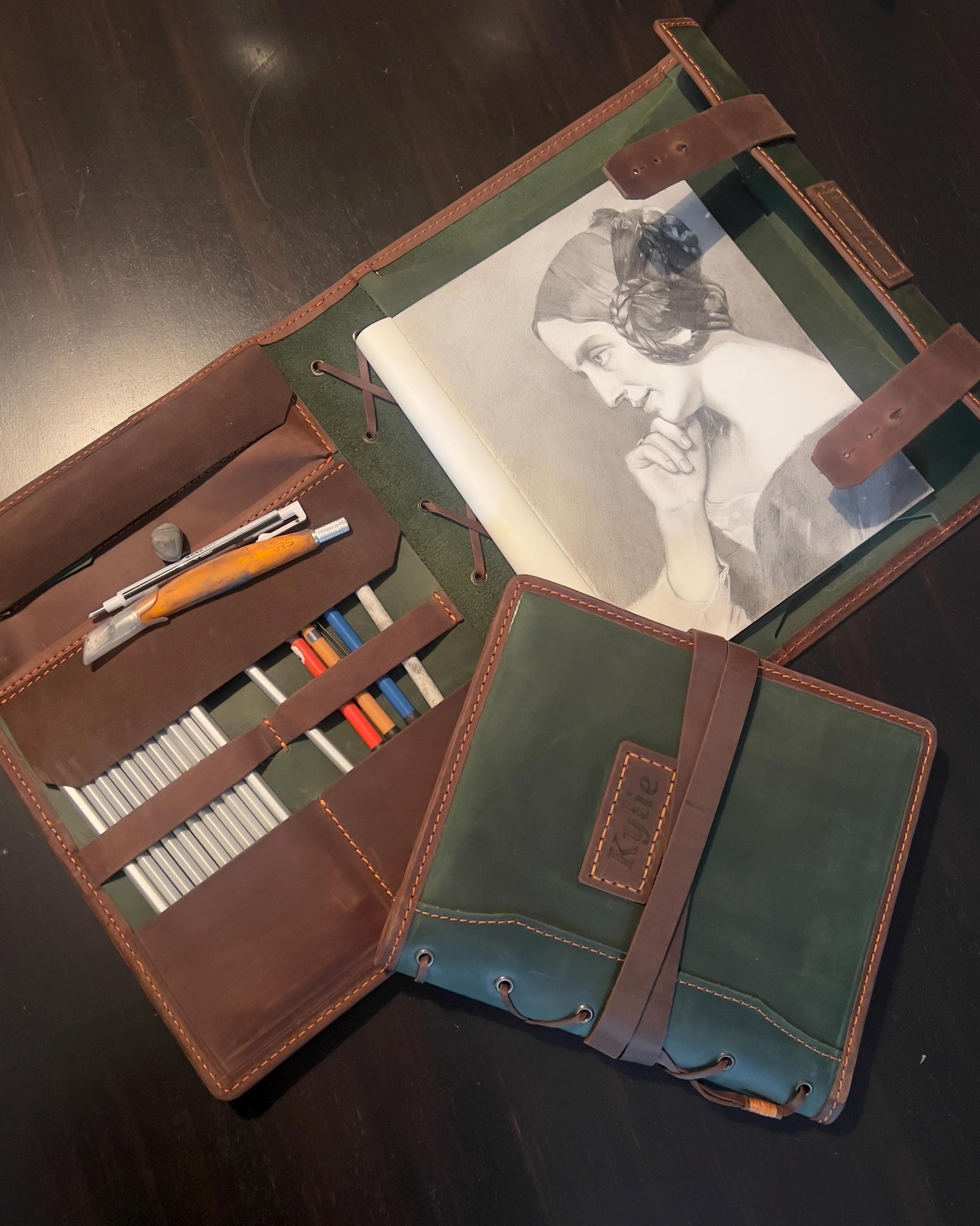 Drawing sketchbook and pencils and leather cover, valentines day gifts sketch book personalized by name, birthday gift for girlfriend & boys