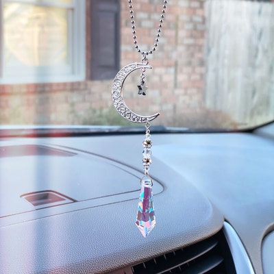 Crescent Moon and Star Crystal Suncatcher, Rearview Mirror Car Charm ...