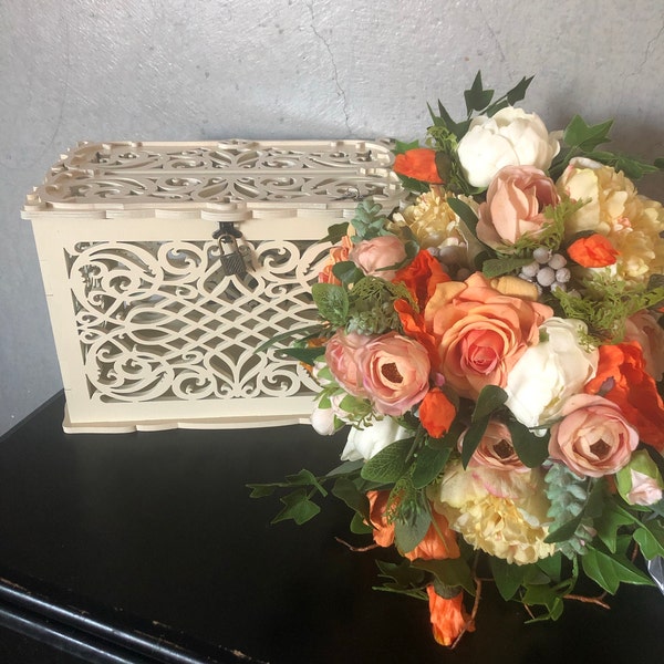 Personalized Ivory Card Box for Wedding With Slot and Lock, Wedding ...