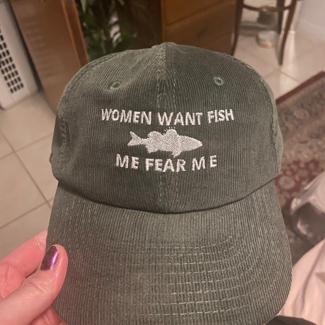 Women Want Fish, Me Fear Me, Embroidered Corduroy Hat 