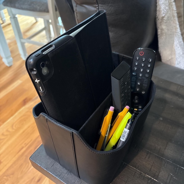 Personalized Hand Crafted Leather Remote Caddy, Desk Organizer With ...