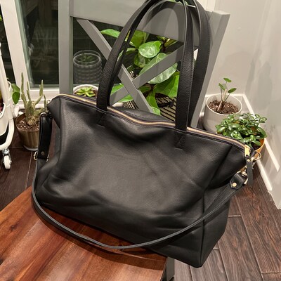 Black Leather Tote Bag, Oversized Work and Travel Computer Bag, Large ...