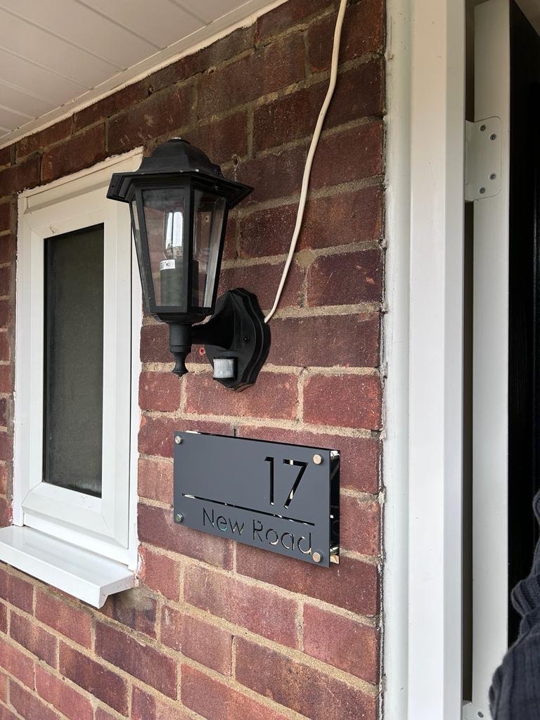 House Wall Plaques UK | Luxe A4 | Precision Laser Cut Acrylic House Number Sign | Matt Gray Anthracite & Silver Mirror | 280mm x 140mm