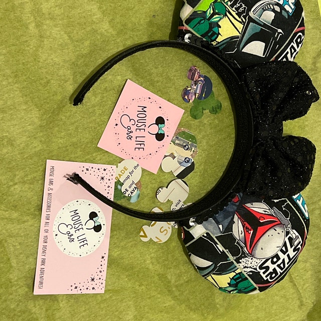 Custom made Disney Inspired Mandalorian Headband with Black Sequin Bow Mandalorian Star Wars Ears Headband With Sequin Bow | Mickey  main image 2