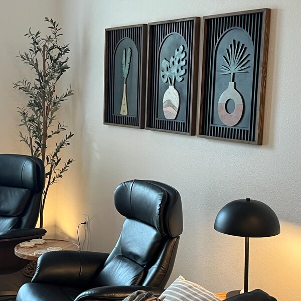 3 Set Wood Flower Wall Art Set , Flowers Wooden Wall Art Set ,modern ...