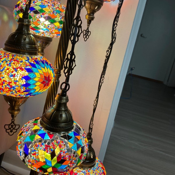Turkish Mosaic Floor Lamp – 9 Globe Handmade Moroccan Standing Lamp, 70 Inches Tall