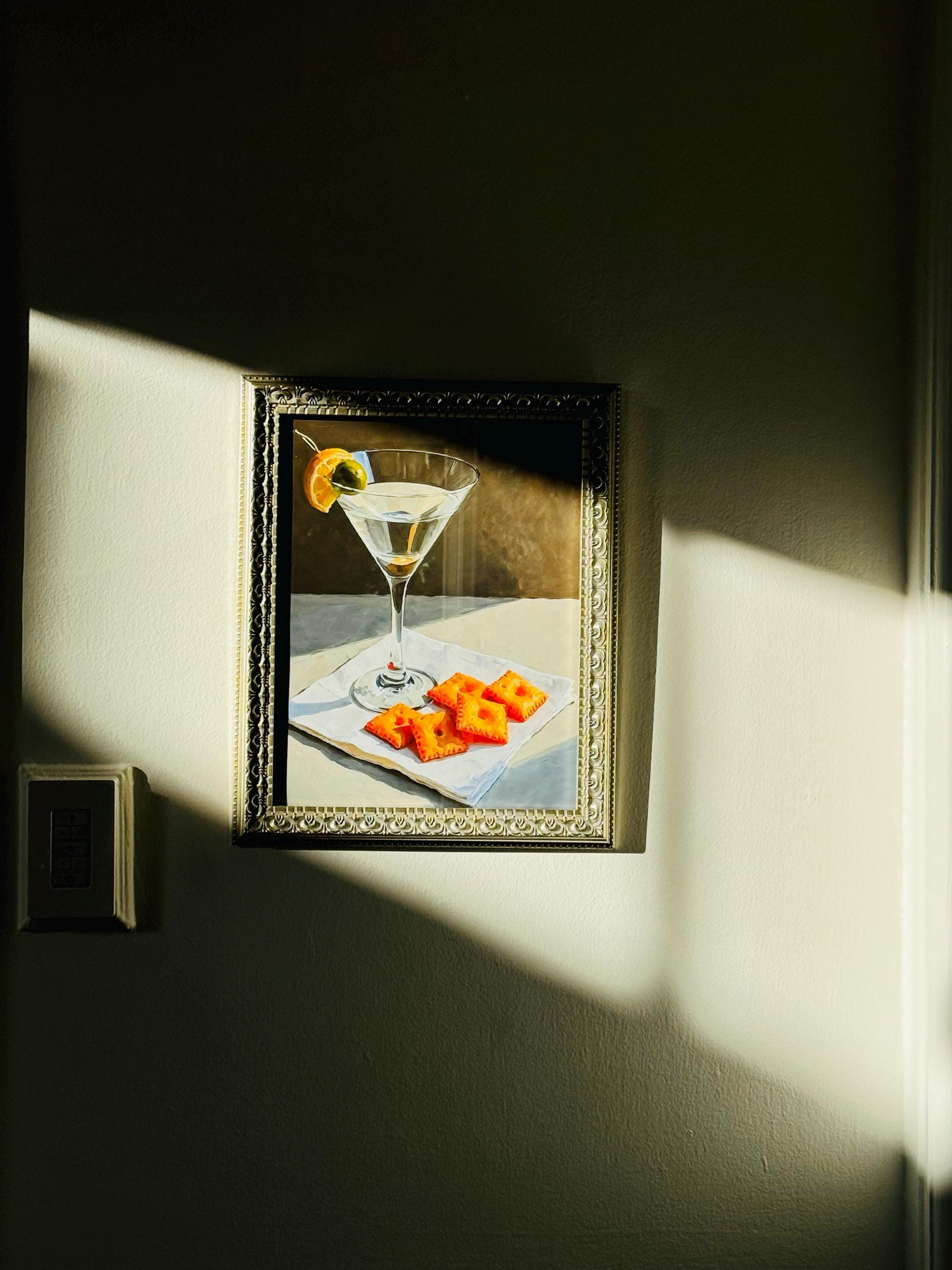 Martini and Cheese Crackers Print | Cute Quirky Whimsical | Cocktail Art Bar Cart Decor | Elegant Oil Painting Gift | Trendy Kitchen Wall