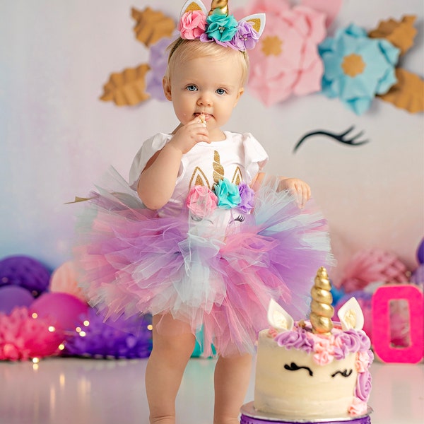 Embroidered Personalized Birthday Magical Unicorn Face Head Tutu Set Outfit main image 1