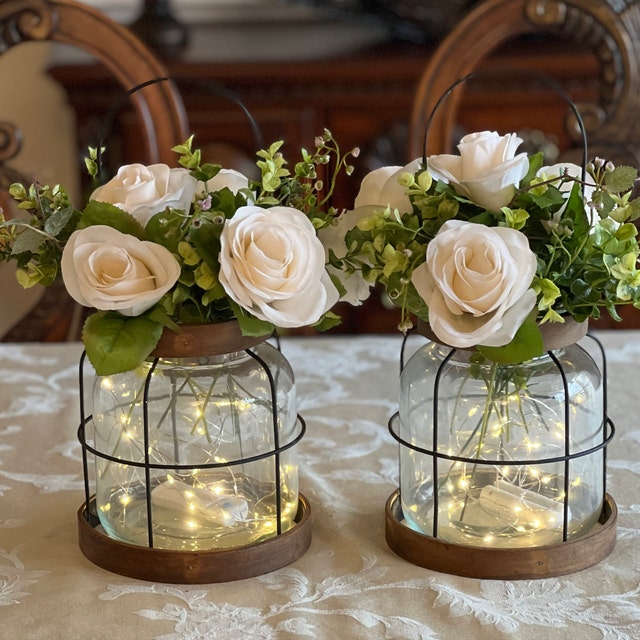 Vintage Glass Farmhouse Vase With Greenery & Lights - Rustic Lantern Decor For Floral Arrangements