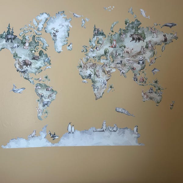 WORLD MAP Wall Decal for Kids, World Map Wall Decal, Wall Decal Animals ...